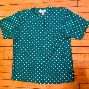 Vintage 90s Oscar De La Renta Teal Green Polka Dot Button Up S/S Blouse Size 10
